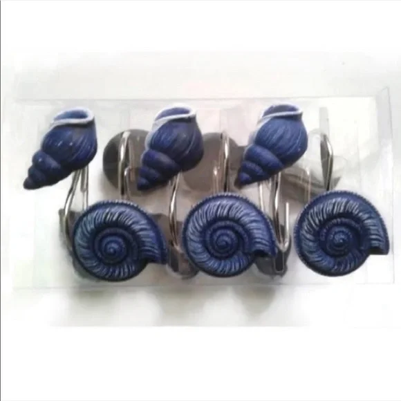 Coastal Ocean Seashell Shower Hooks Blue White Beachy Decor Set of 12 - Picture 3 of 11
